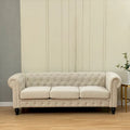Beige Tufted Velvet Three-Seater Sofa with Wooden Legs