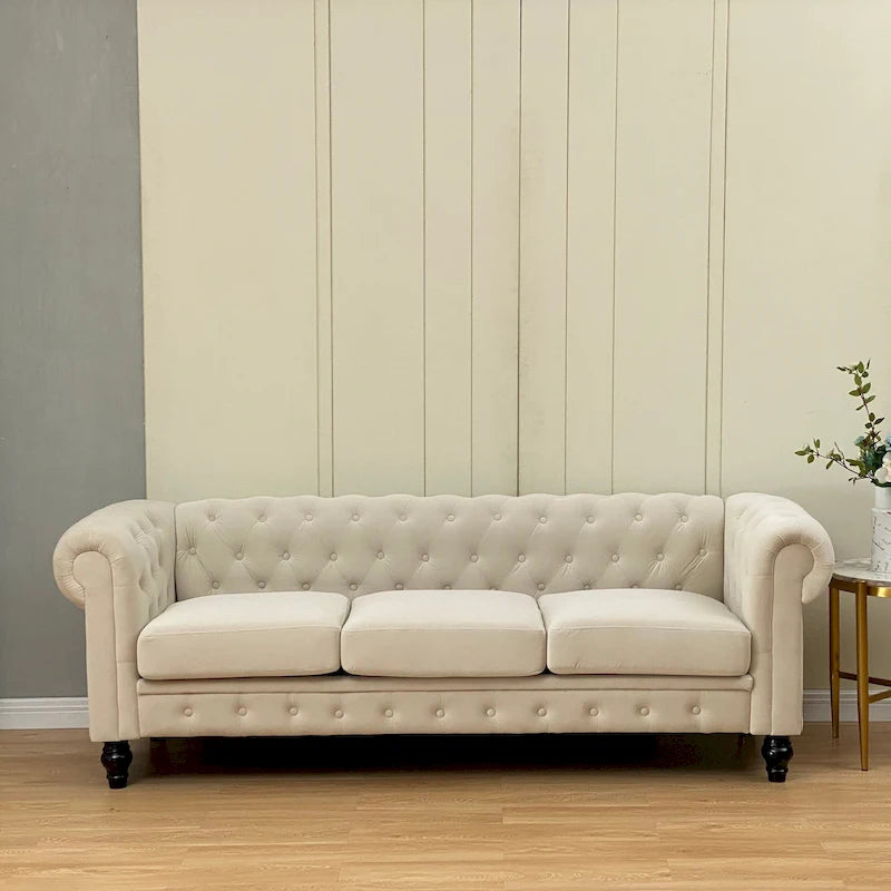 Beige Tufted Velvet Three-Seater Sofa with Wooden Legs