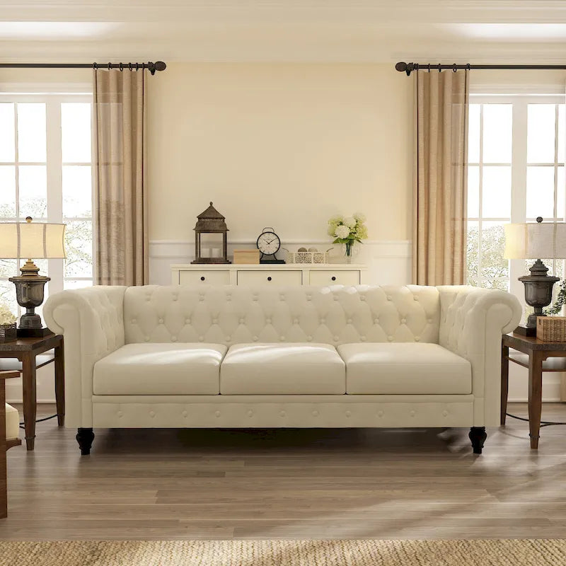 Beige Tufted Velvet Three-Seater Sofa with Wooden Legs