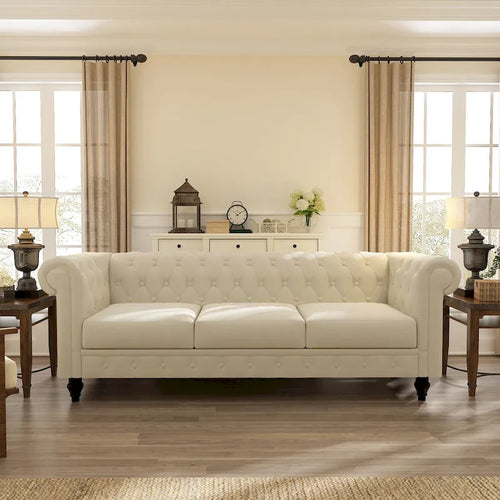 Beige Tufted Velvet Three-Seater Sofa with Wooden Legs