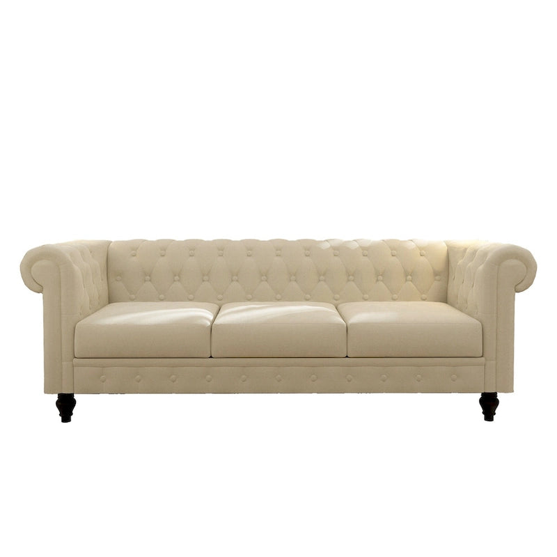 Beige Tufted Velvet Three-Seater Sofa with Wooden Legs