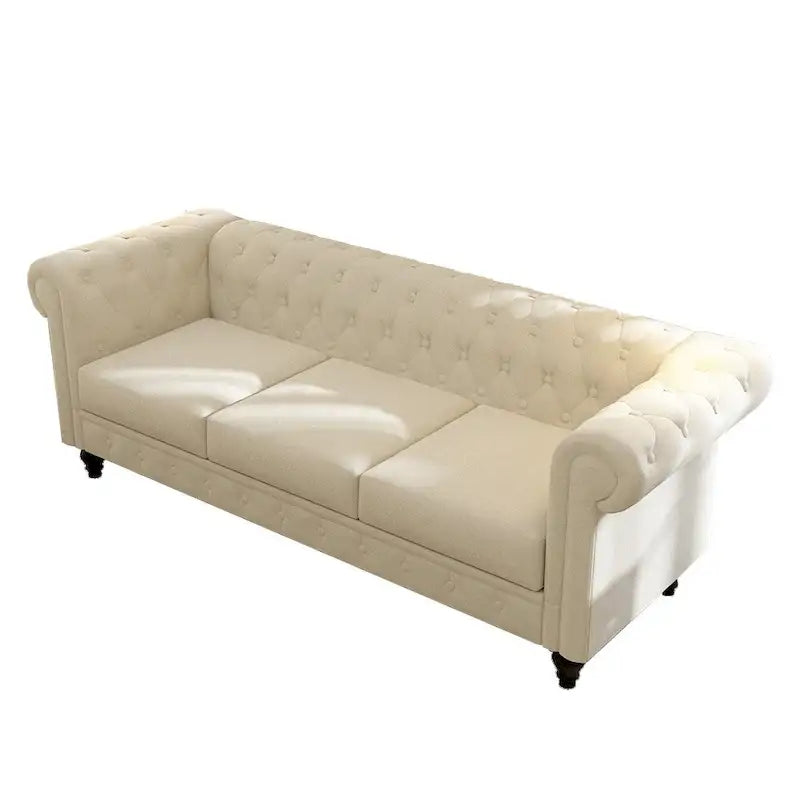 Beige Tufted Velvet Three-Seater Sofa with Wooden Legs