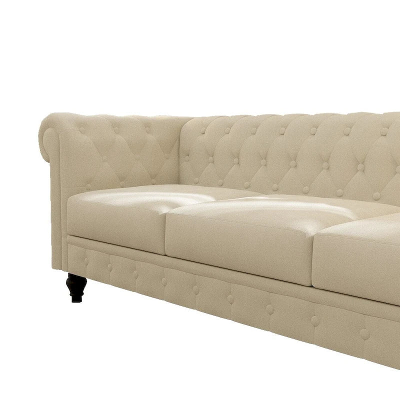 Beige Tufted Velvet Three-Seater Sofa with Wooden Legs