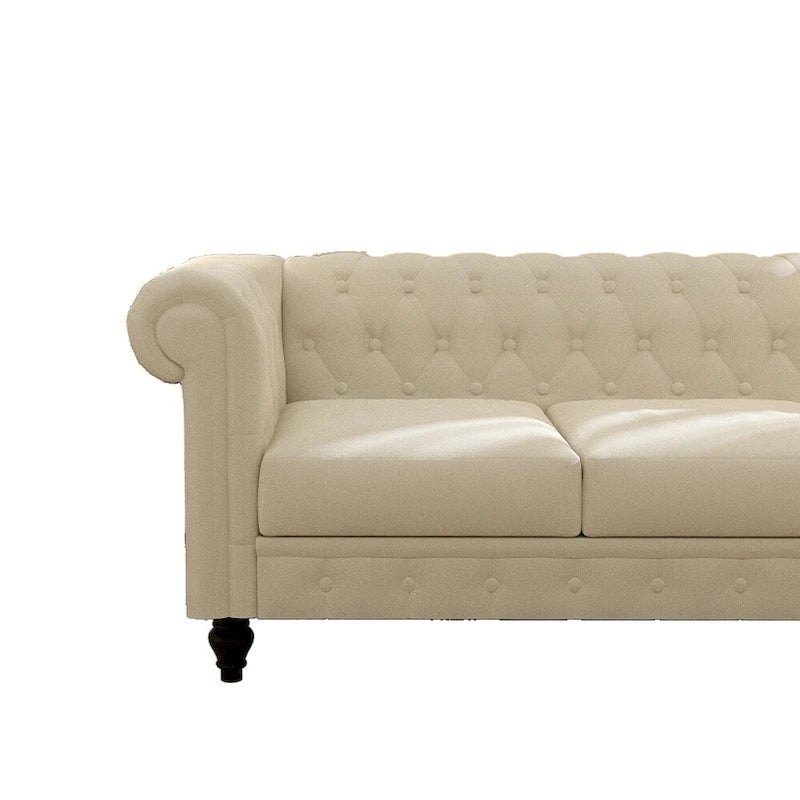 Beige Tufted Velvet Three-Seater Sofa with Wooden Legs
