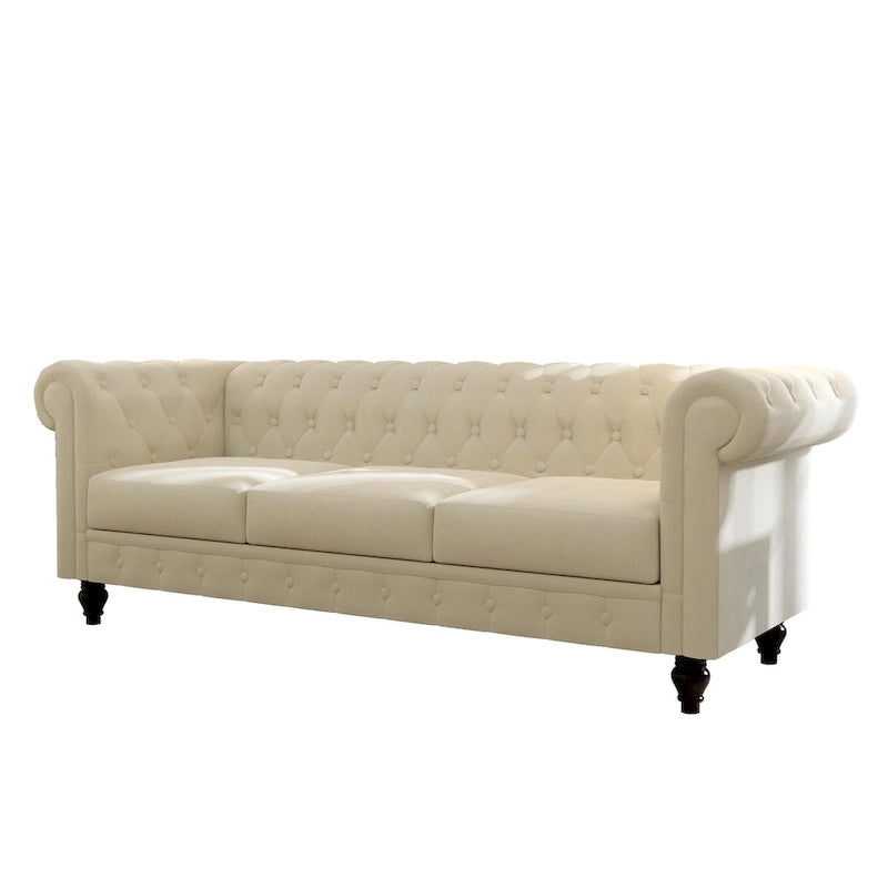 Beige Tufted Velvet Three-Seater Sofa with Wooden Legs