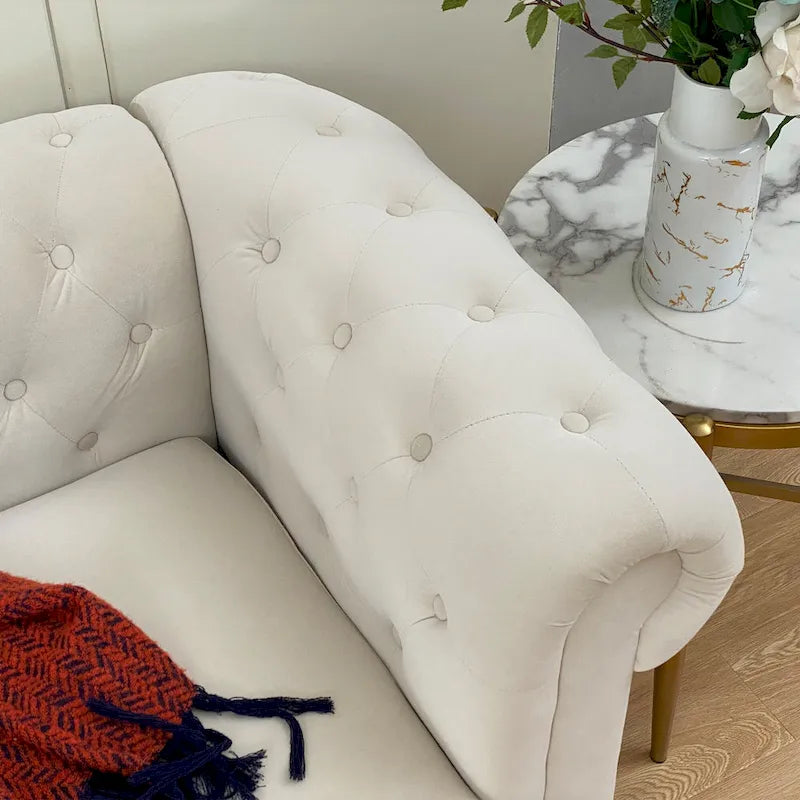 Beige Tufted Velvet Three-Seater Sofa with Wooden Legs
