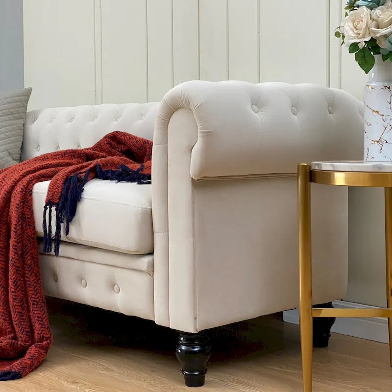 Beige Tufted Velvet Three-Seater Sofa with Wooden Legs