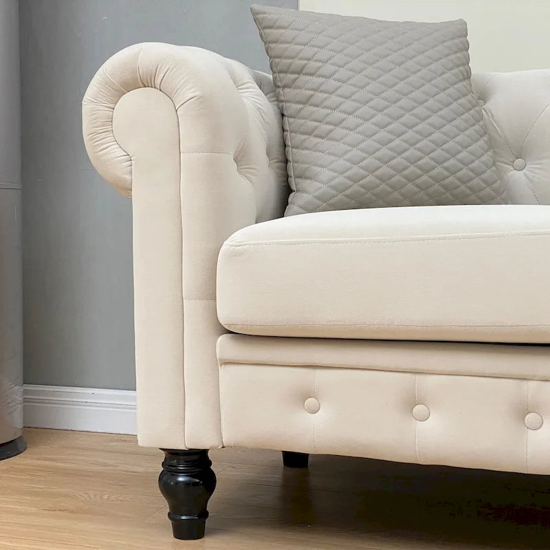 Beige Tufted Velvet Three-Seater Sofa with Wooden Legs