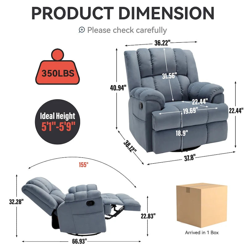 Blue Fabric Manual Recliner Chair with Rocking and Swivel