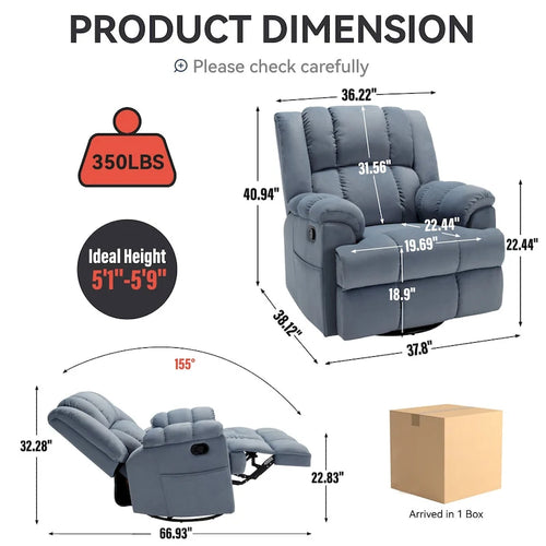 Blue Fabric Manual Recliner Chair with Rocking and Swivel