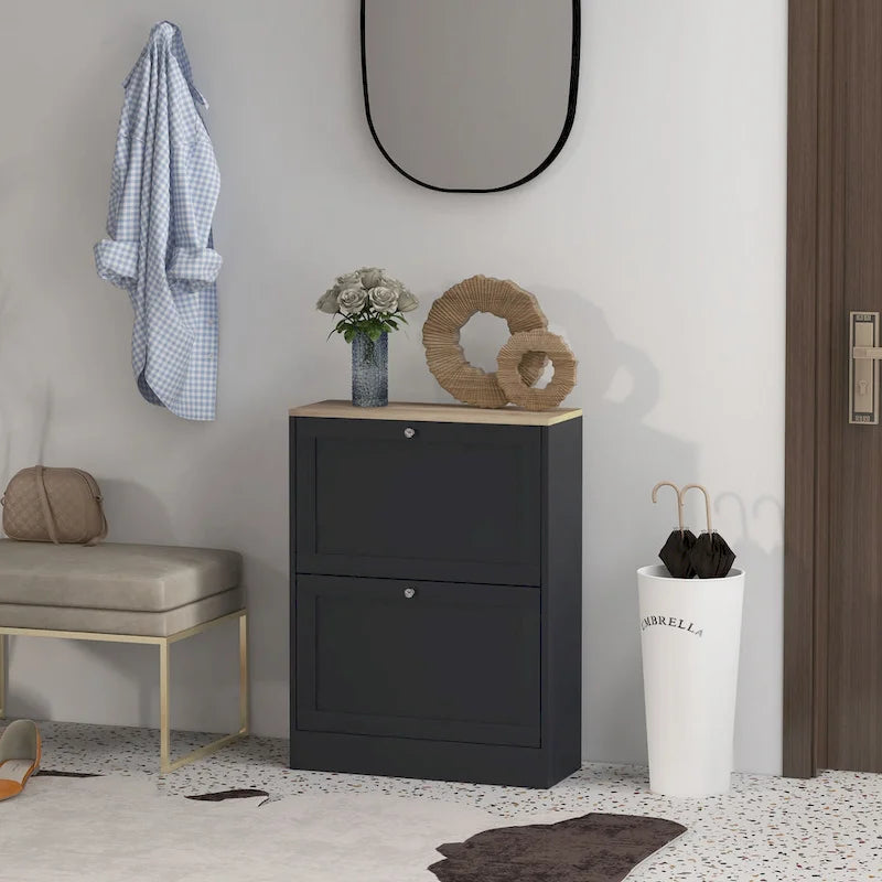 Slim Shoe Cabinet for Entryway, Hidden Shoe Storage Cabinet with 2 Flip Drawers and Adjustable Shelves for 12 Pairs of Shoes