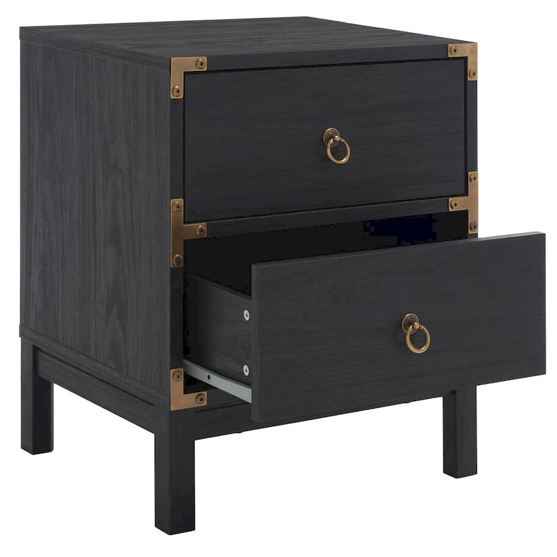 Vintage Style Two Drawer Nightstand with Gold Tone Ring Pulls