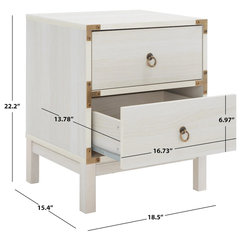 Vintage Style Two Drawer Nightstand with Gold Tone Ring Pulls