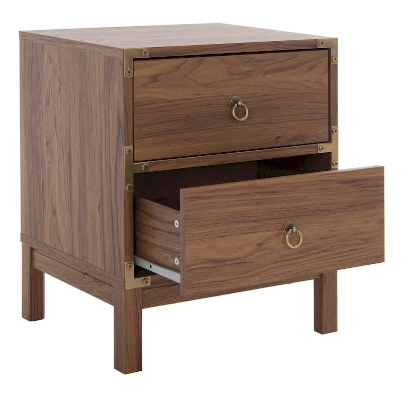 Vintage Style Two Drawer Nightstand with Gold Tone Ring Pulls