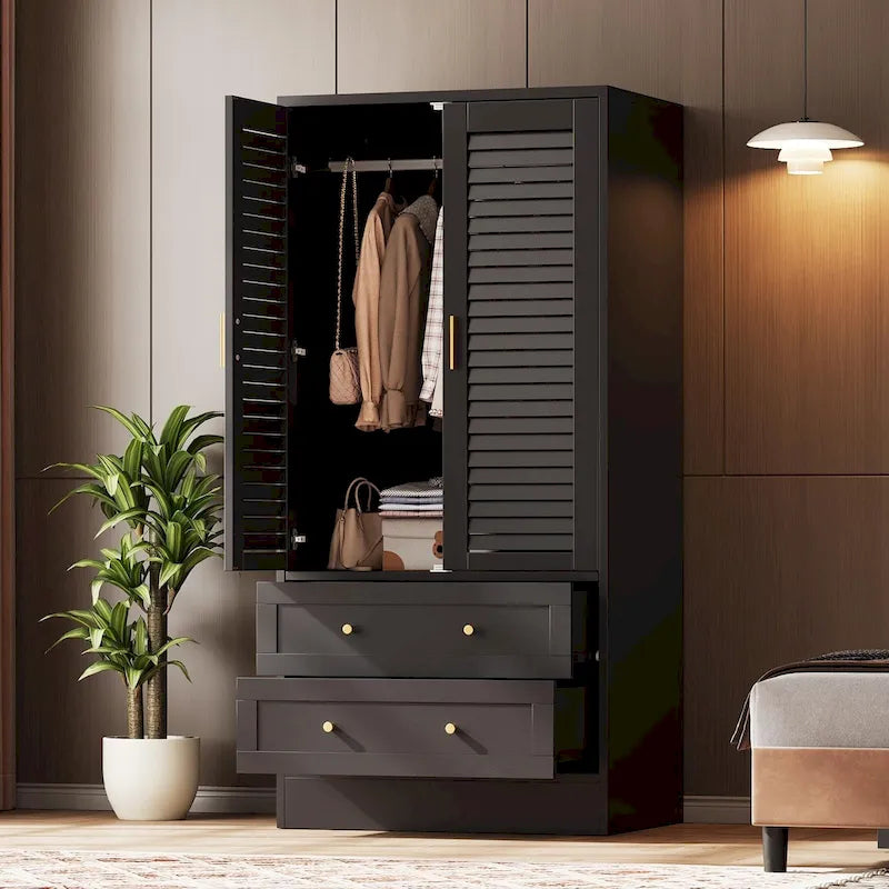 Modern Wardrobe Armoire with Shutter Doors and Two Drawers