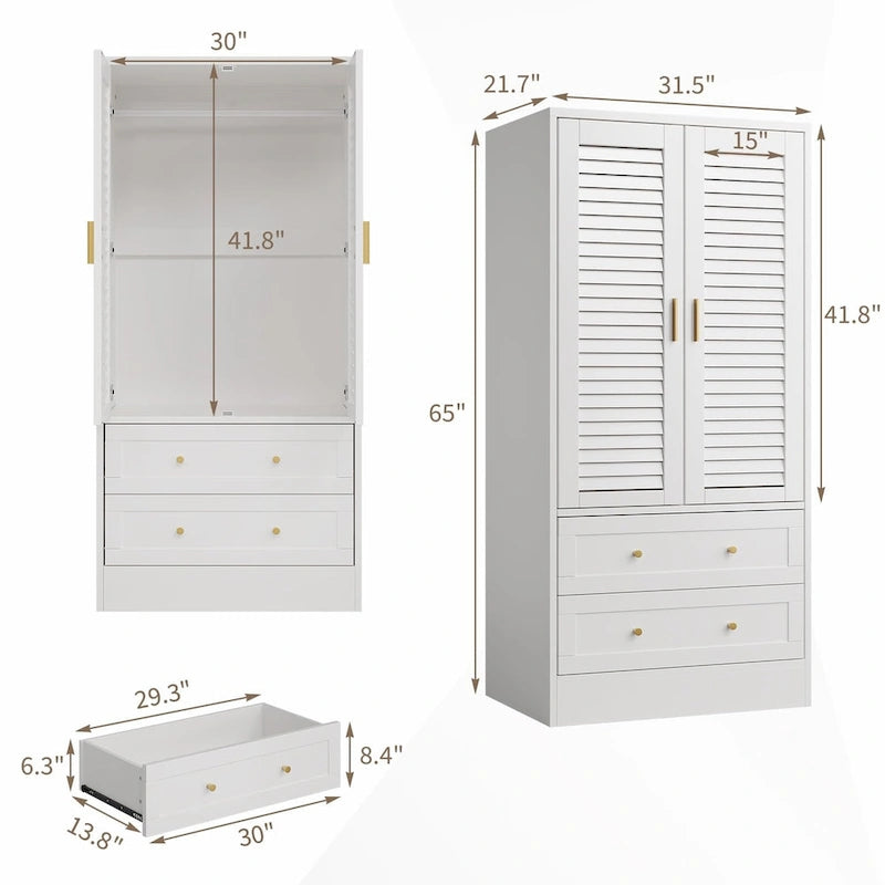 Modern Wardrobe Armoire with Shutter Doors and Two Drawers