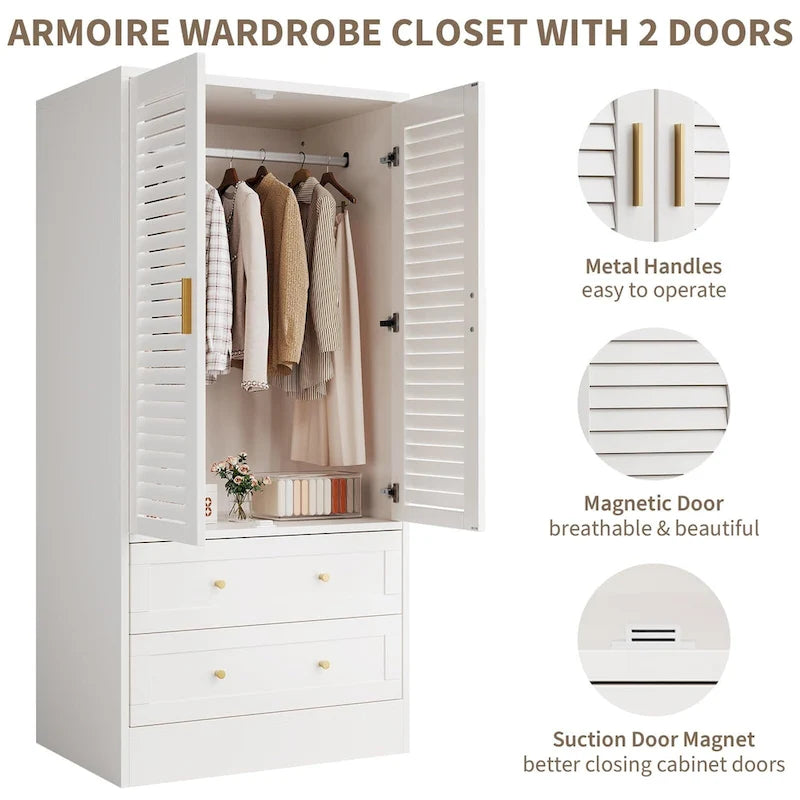 Modern Wardrobe Armoire with Shutter Doors and Two Drawers