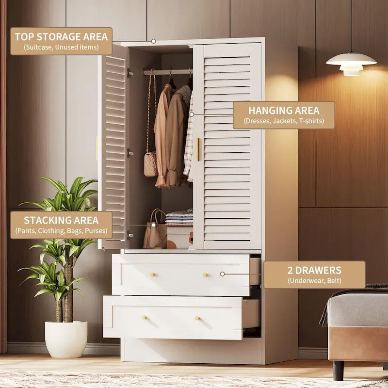 Modern Wardrobe Armoire with Shutter Doors and Two Drawers
