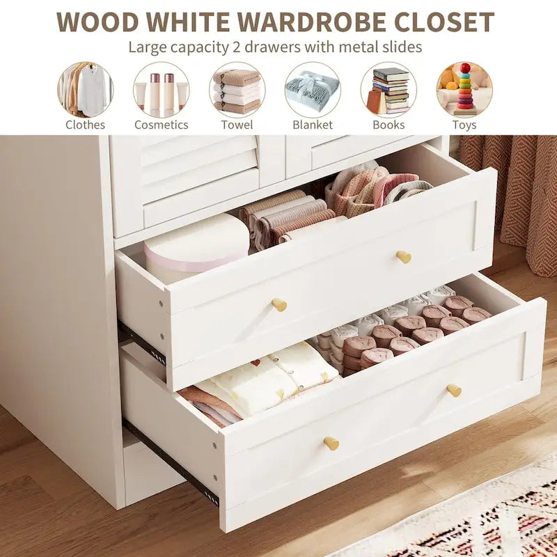 Modern Wardrobe Armoire with Shutter Doors and Two Drawers