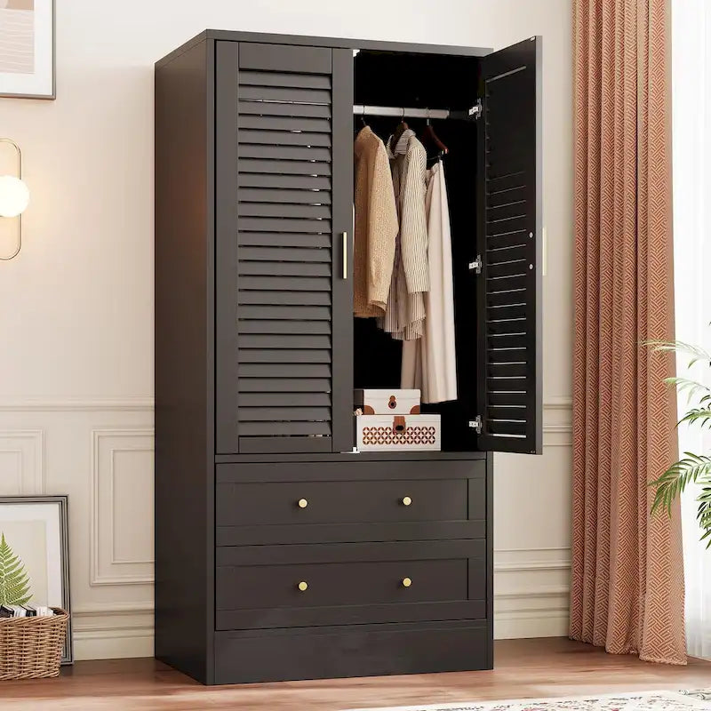 Modern Wardrobe Armoire with Shutter Doors and Two Drawers