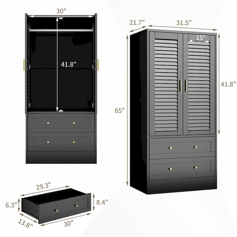 Modern Wardrobe Armoire with Shutter Doors and Two Drawers
