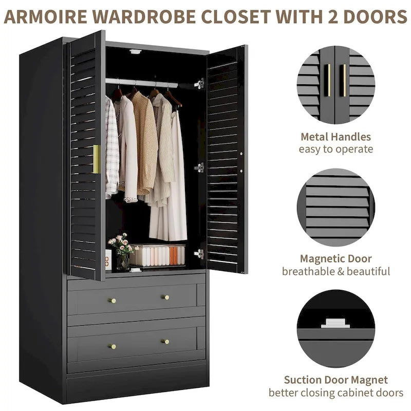 Modern Wardrobe Armoire with Shutter Doors and Two Drawers