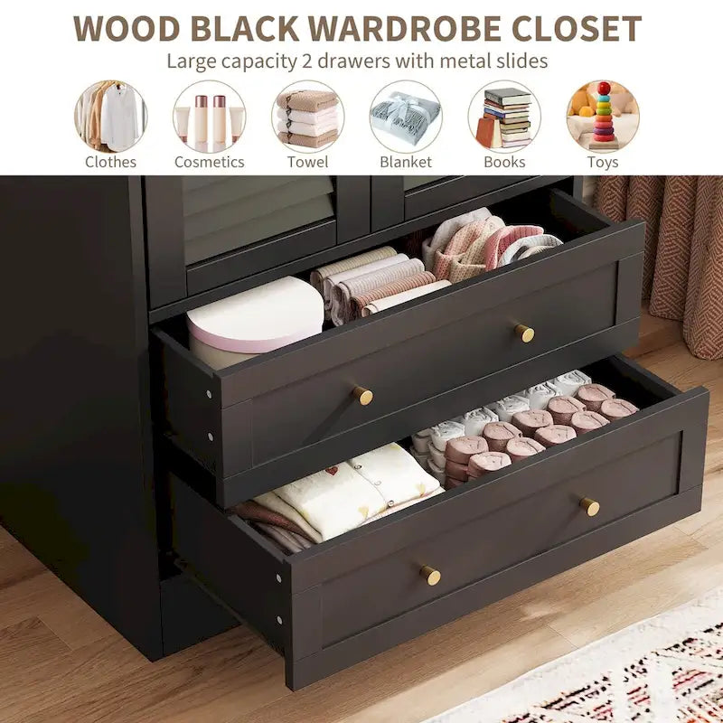 Modern Wardrobe Armoire with Shutter Doors and Two Drawers
