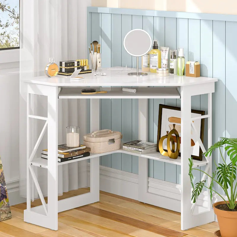 Corner Desk with Power Outlets, USB Ports and Storage