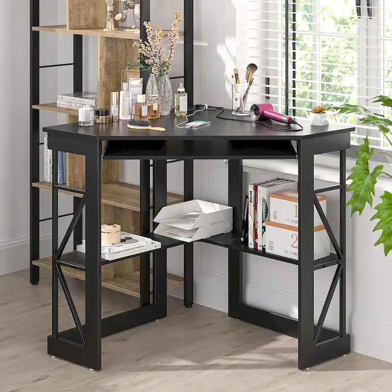 Corner Desk with Power Outlets, USB Ports and Storage