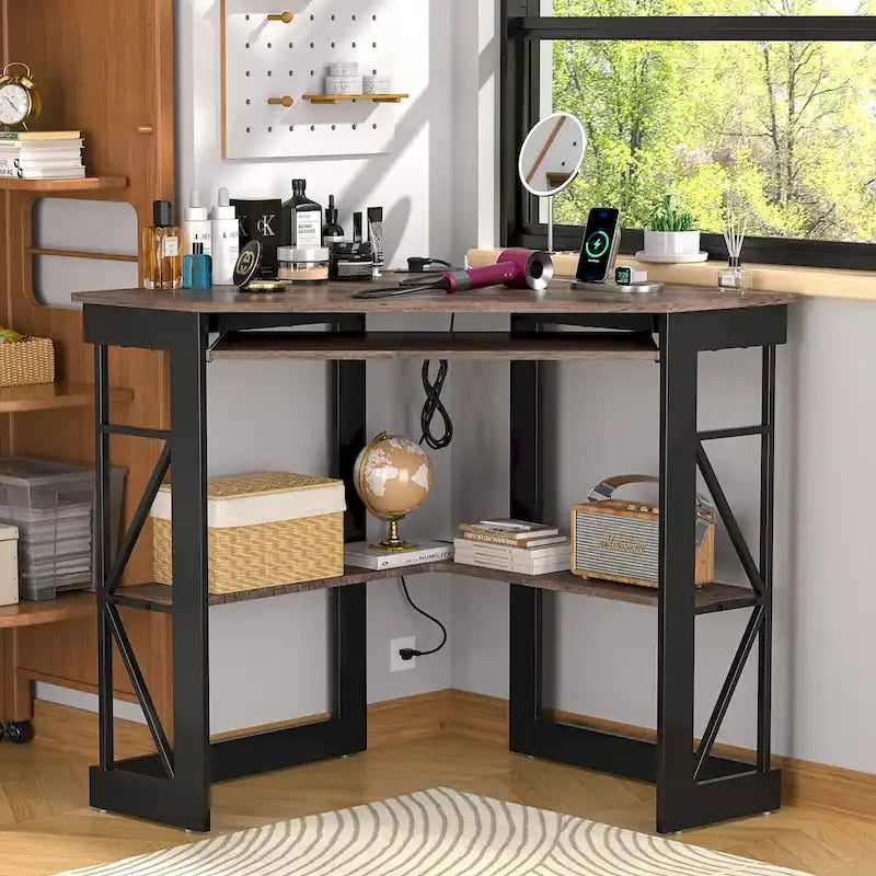 Corner Desk with Power Outlets, USB Ports and Storage