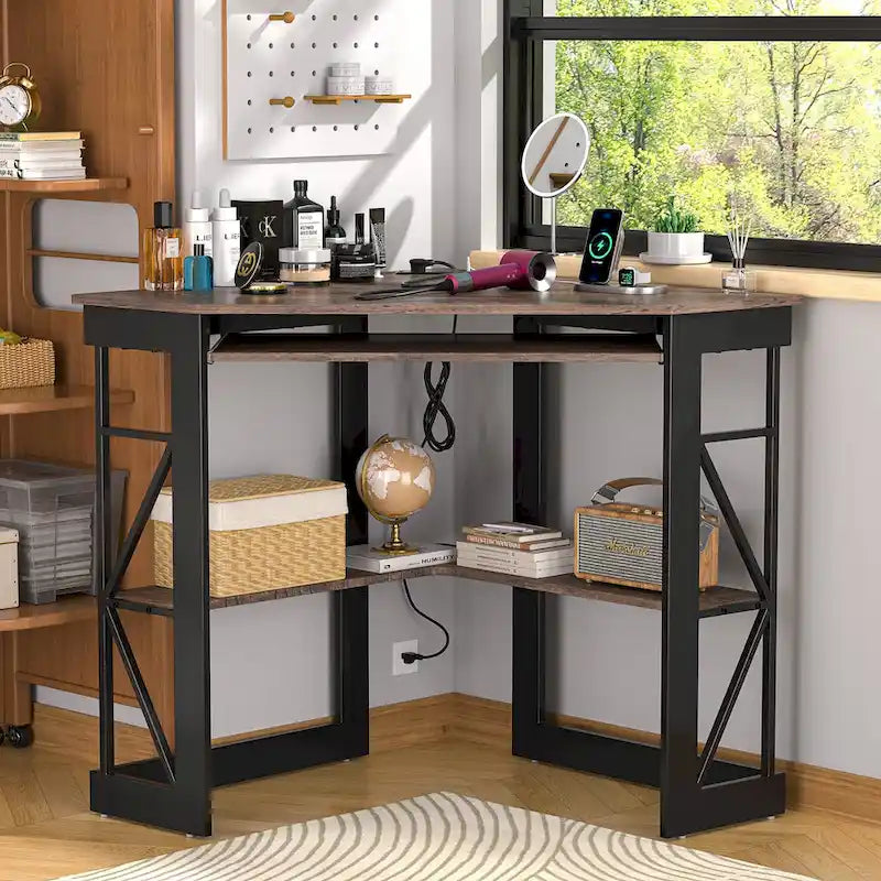 Corner Desk with Power Outlets, USB Ports and Storage