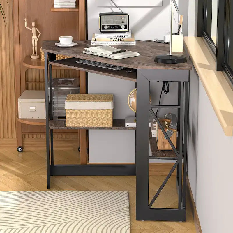 Corner Desk with Power Outlets, USB Ports and Storage