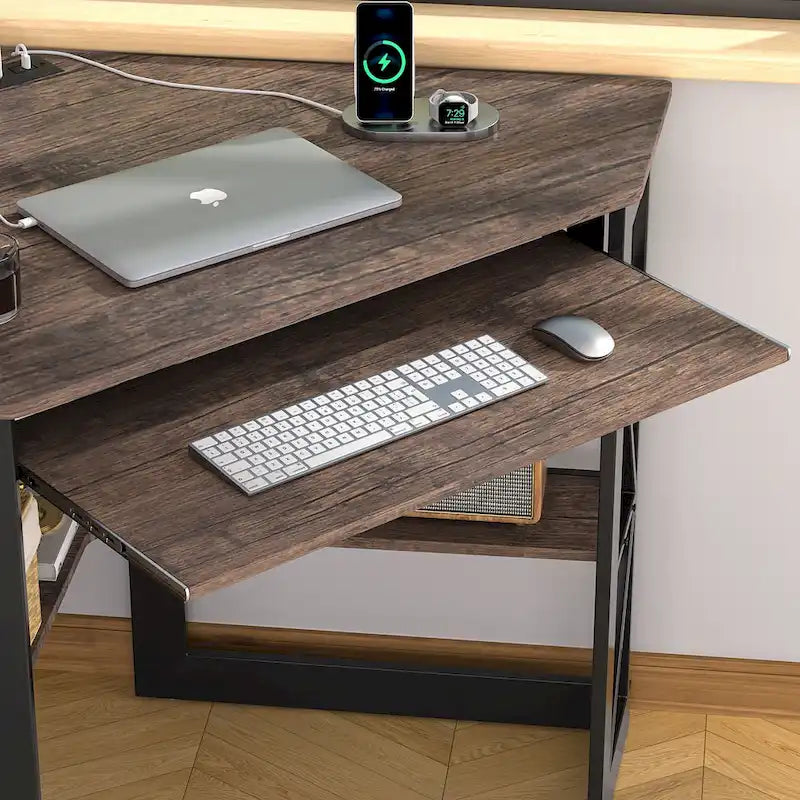 Corner Desk with Power Outlets, USB Ports and Storage
