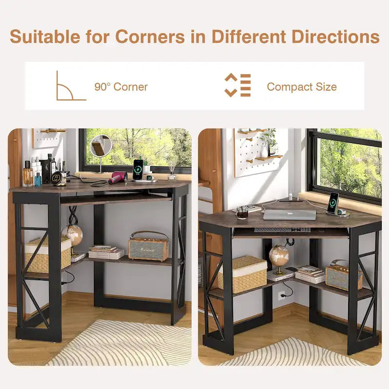 Corner Desk with Power Outlets, USB Ports and Storage