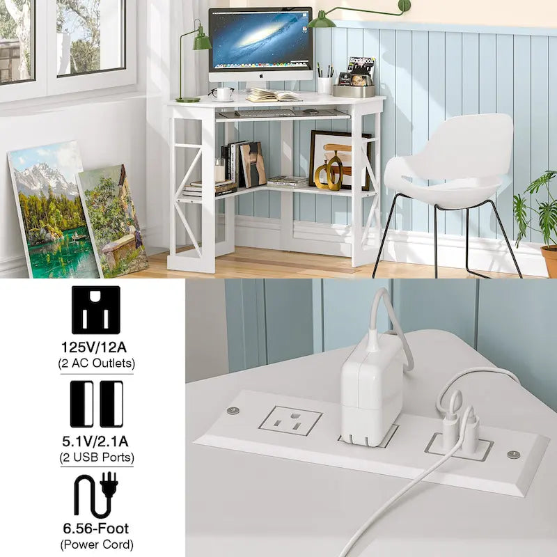 Corner Desk with Power Outlets, USB Ports and Storage