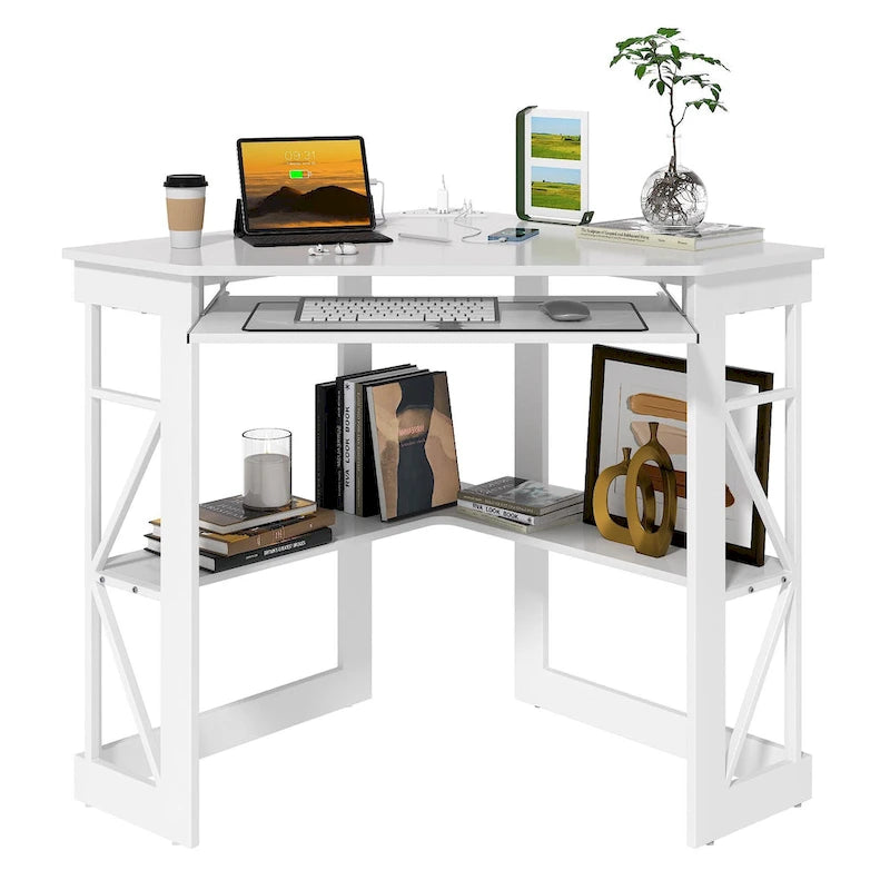 Corner Desk with Power Outlets, USB Ports and Storage