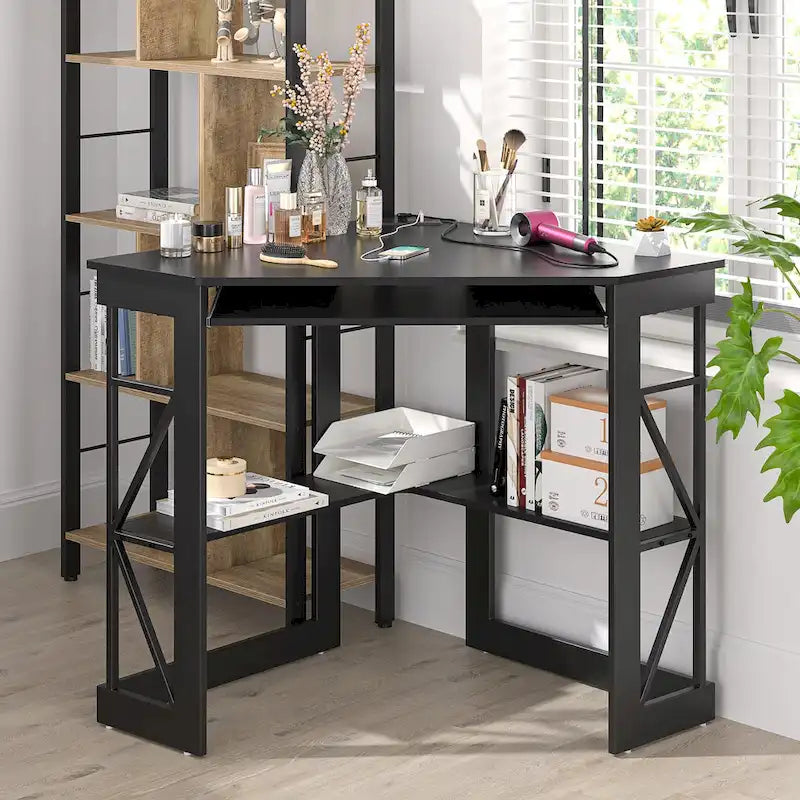Corner Desk with Power Outlets, USB Ports and Storage