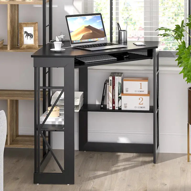 Corner Desk with Power Outlets, USB Ports and Storage