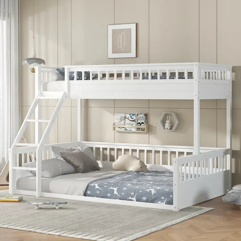 Twin XL over Queen Bunk Bed with Ladder and Guardrails, White