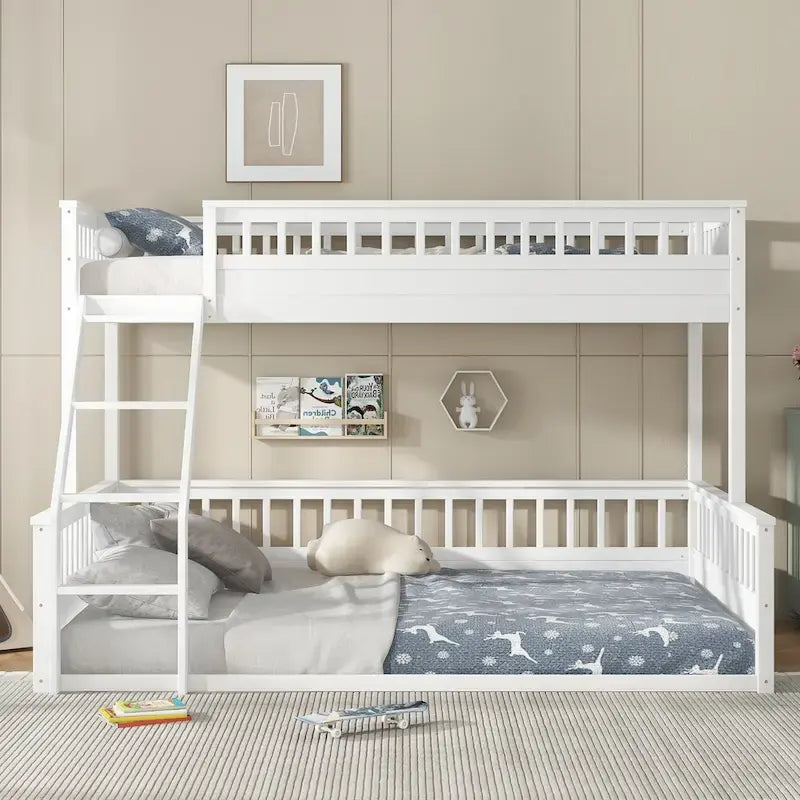 Twin XL over Queen Bunk Bed with Ladder and Guardrails, White