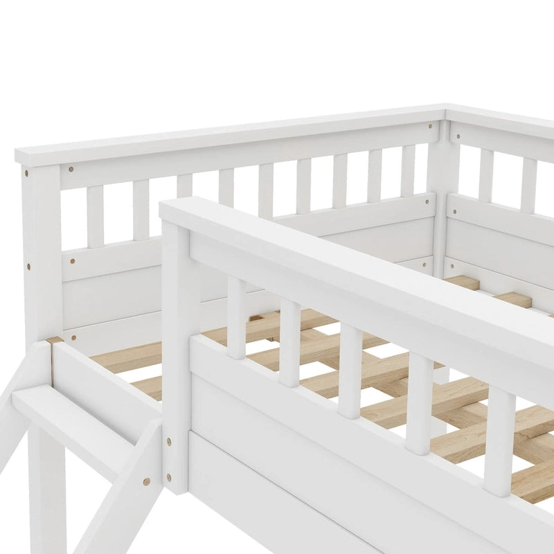 Twin XL over Queen Bunk Bed with Ladder and Guardrails, White