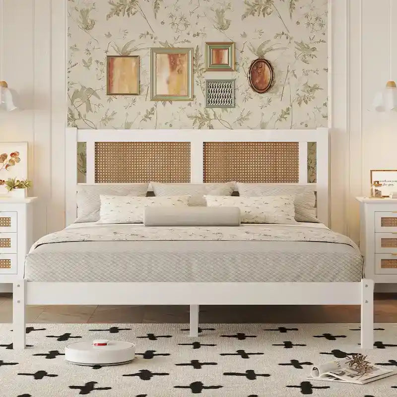 Modern Wooden Platform Bed with Natural Rattan Headboard