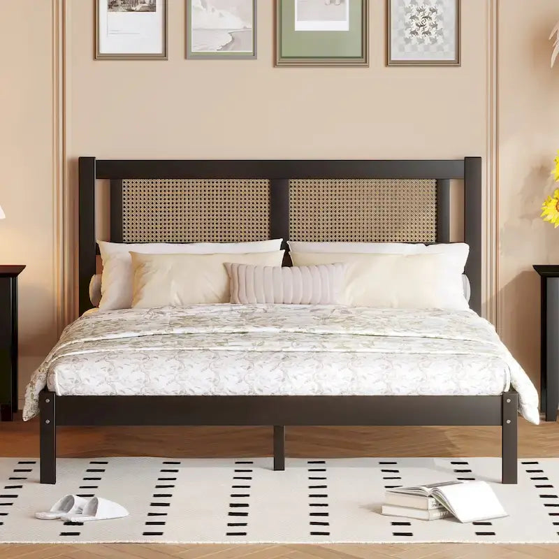 Modern Wooden Platform Bed with Natural Rattan Headboard