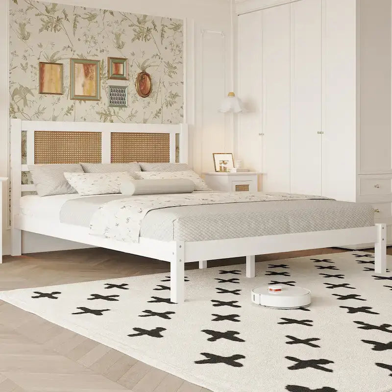 Modern Wooden Platform Bed with Natural Rattan Headboard