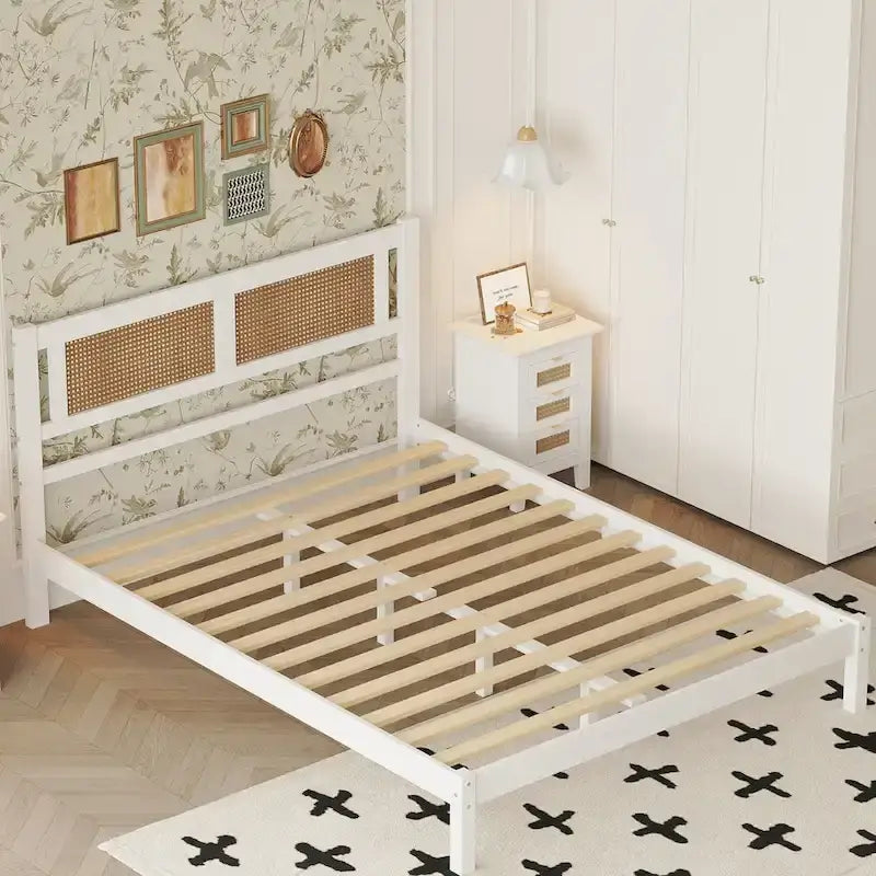 Modern Wooden Platform Bed with Natural Rattan Headboard