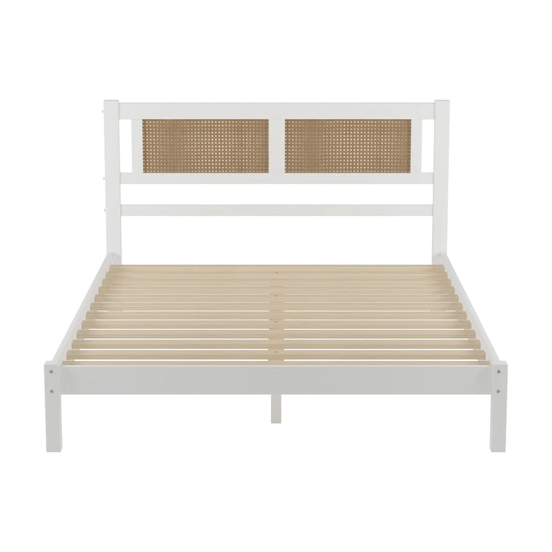 Modern Wooden Platform Bed with Natural Rattan Headboard