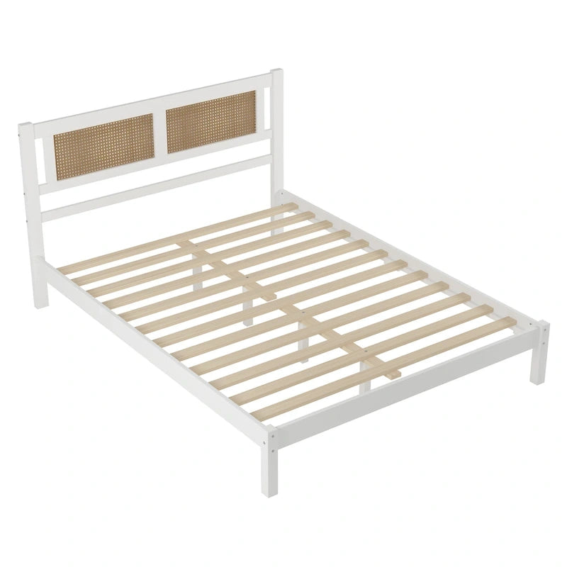 Modern Wooden Platform Bed with Natural Rattan Headboard