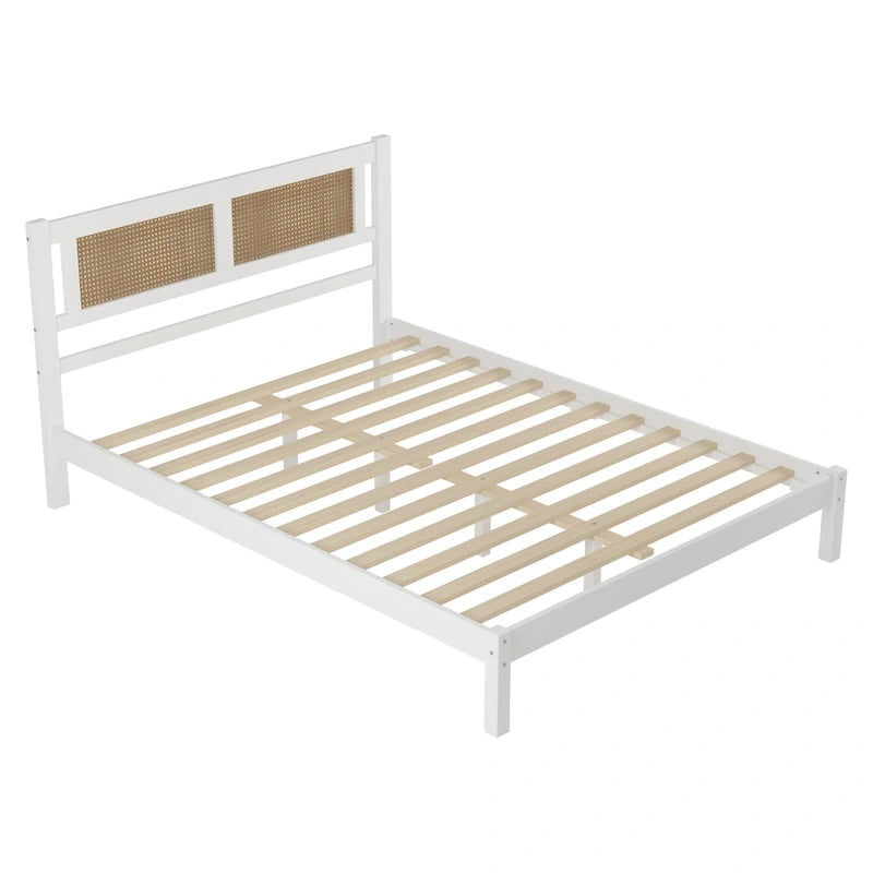 Modern Wooden Platform Bed with Natural Rattan Headboard