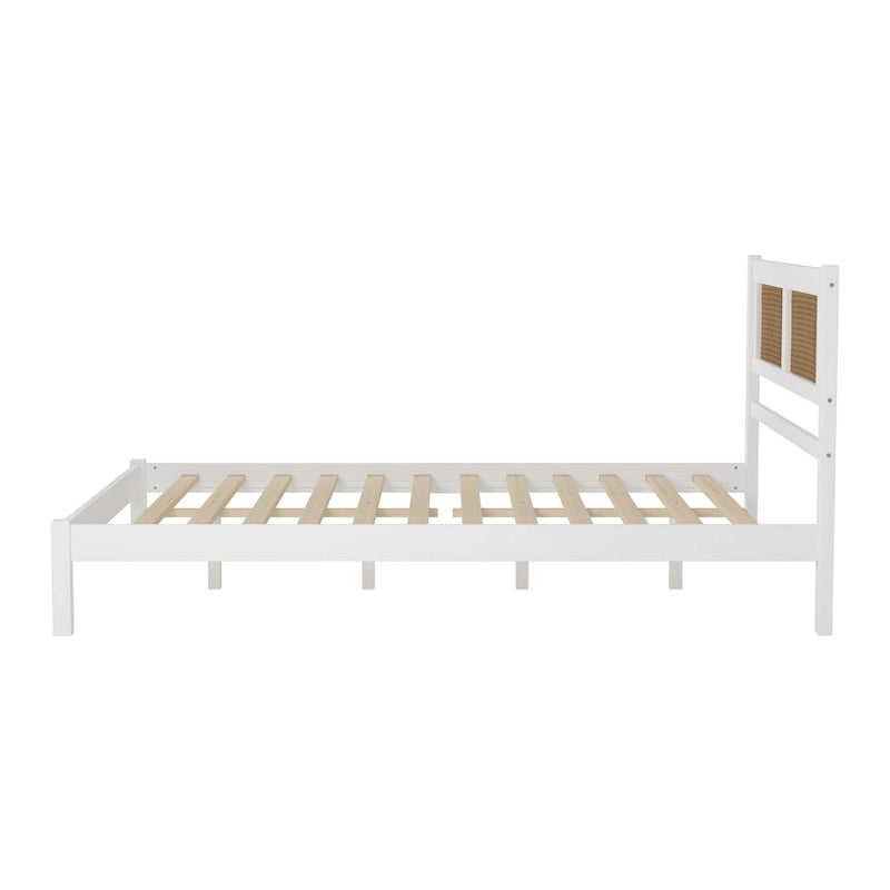 Modern Wooden Platform Bed with Natural Rattan Headboard