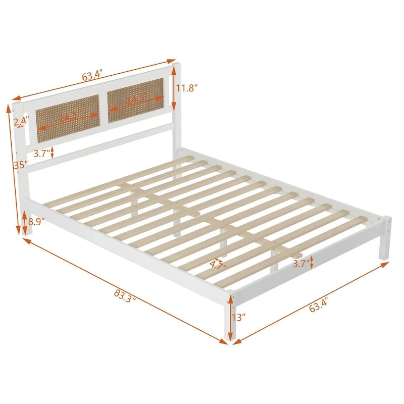 Modern Wooden Platform Bed with Natural Rattan Headboard